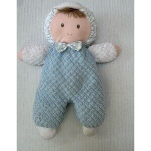 Vtg Eden Terry Baby Boy Doll Plush Blue and White Bonnet Waffle Lovey Brown Hair
